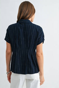 Navy Striped Pintuck Button Blouse