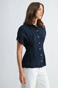 Navy Striped Pintuck Button Blouse