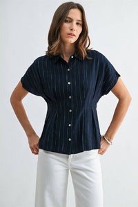 Navy Striped Pintuck Button Blouse