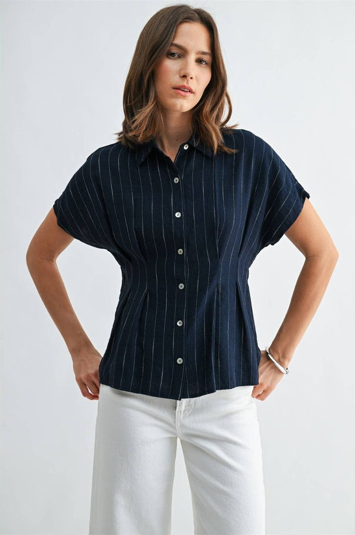 Navy Striped Pintuck Button Blouse