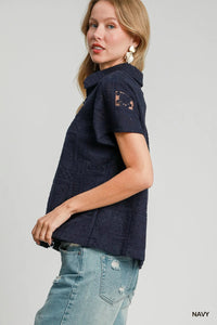 Patch Lace Short Sleeve Button Down Shirt