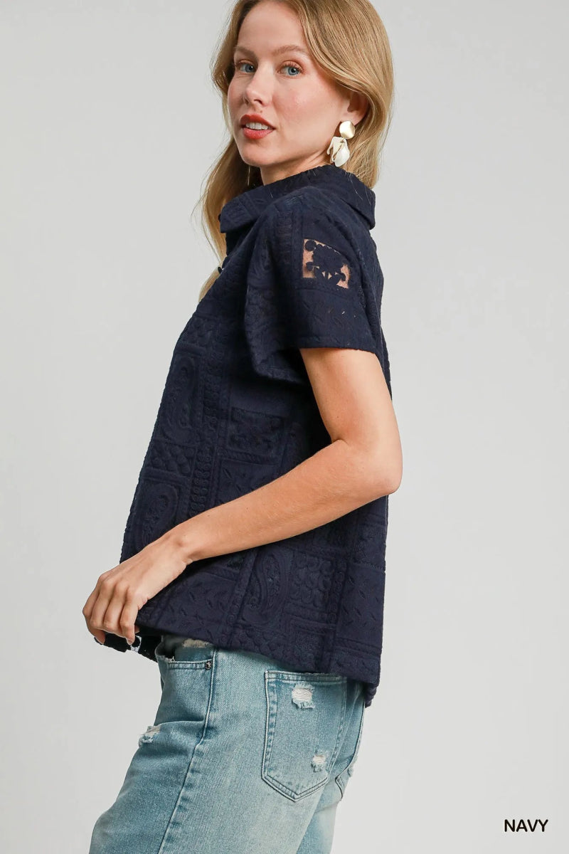Patch Lace Short Sleeve Button Down Shirt