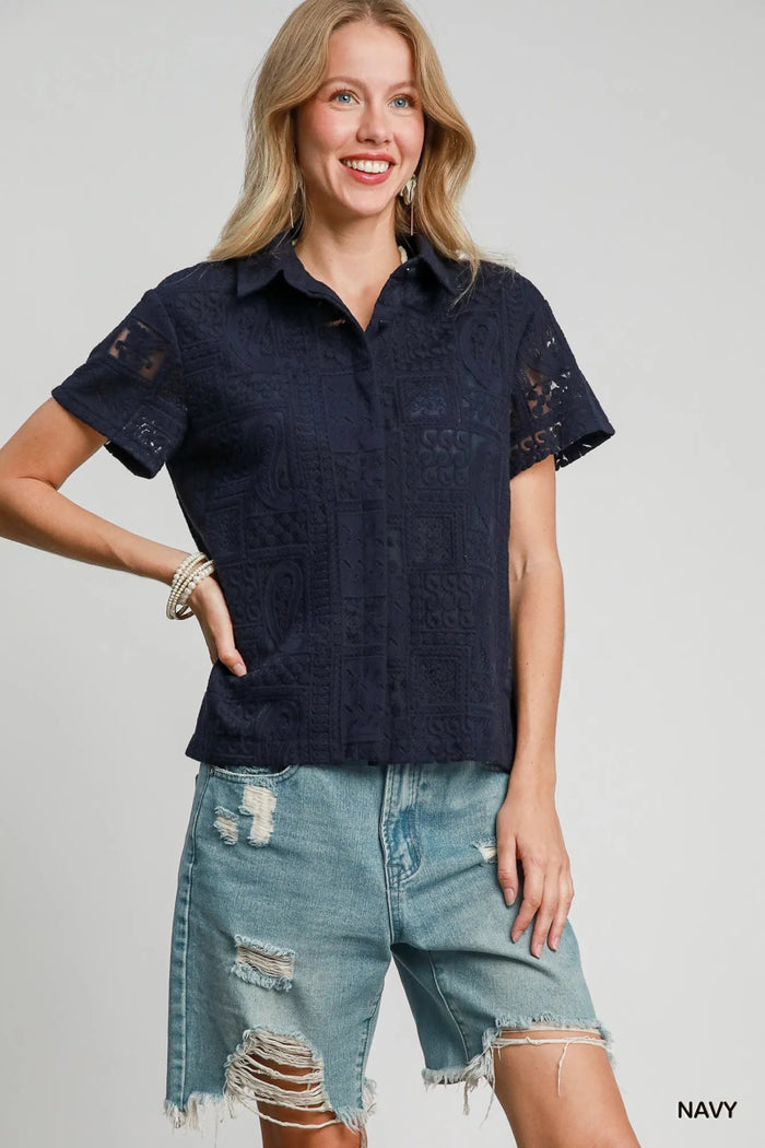 Patch Lace Short Sleeve Button Down Shirt