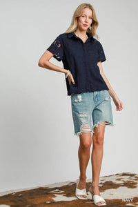 Patch Lace Short Sleeve Button Down Shirt