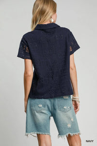 Patch Lace Short Sleeve Button Down Shirt