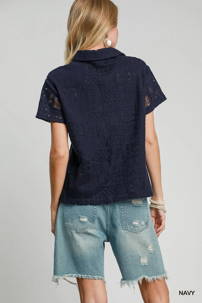Patch Lace Short Sleeve Button Down Shirt