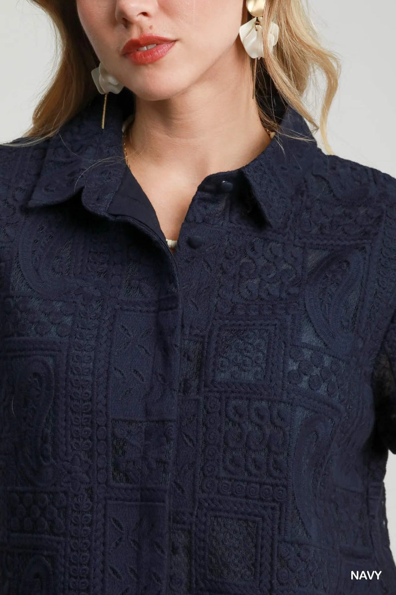 Patch Lace Short Sleeve Button Down Shirt