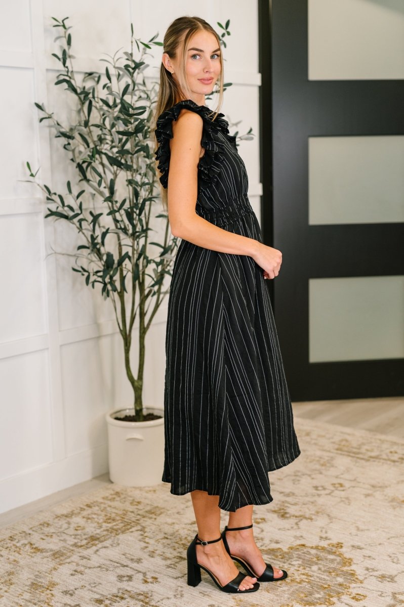 Pinstripe Romance V - Neck Ruffle Sleeve Dress
