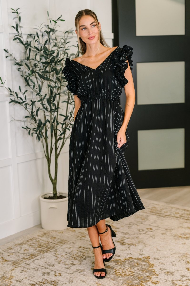 Pinstripe Romance V - Neck Ruffle Sleeve Dress