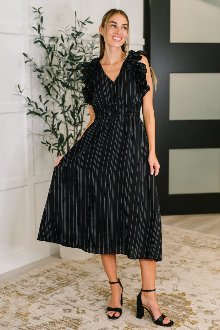 Pinstripe Romance V - Neck Ruffle Sleeve Dress