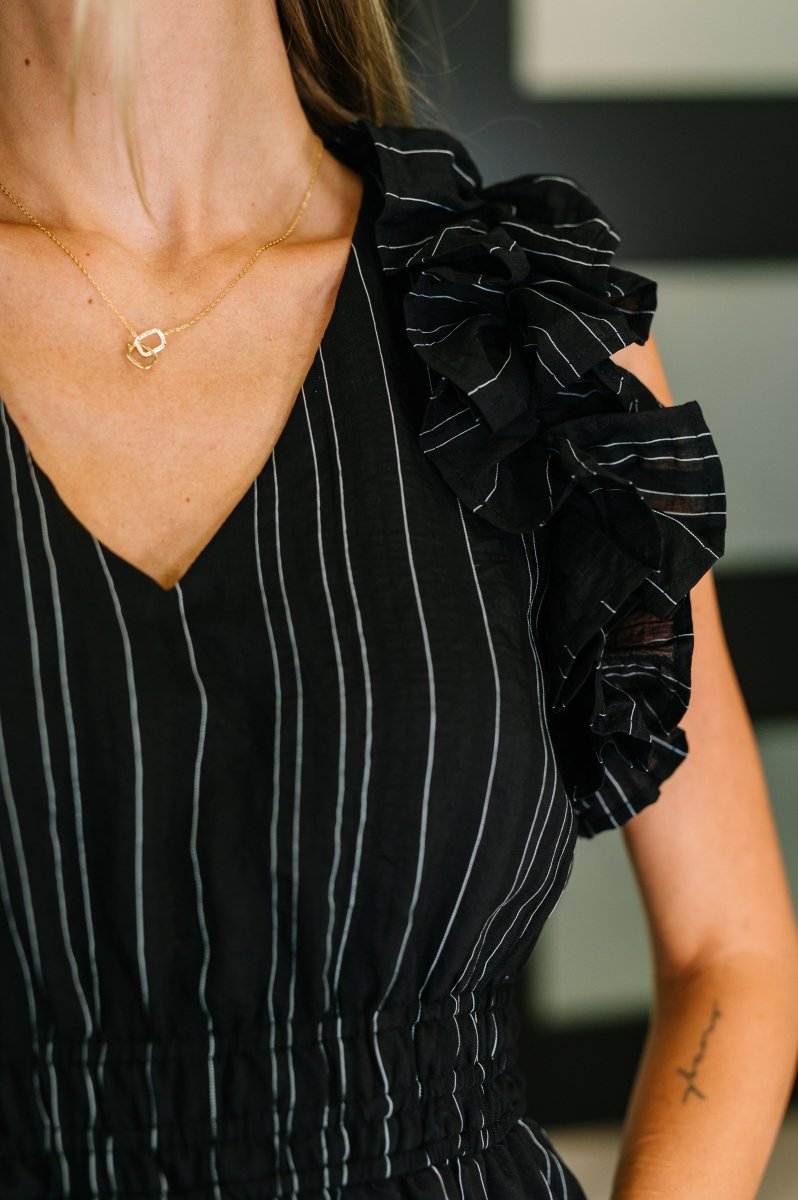 Pinstripe Romance V - Neck Ruffle Sleeve Dress