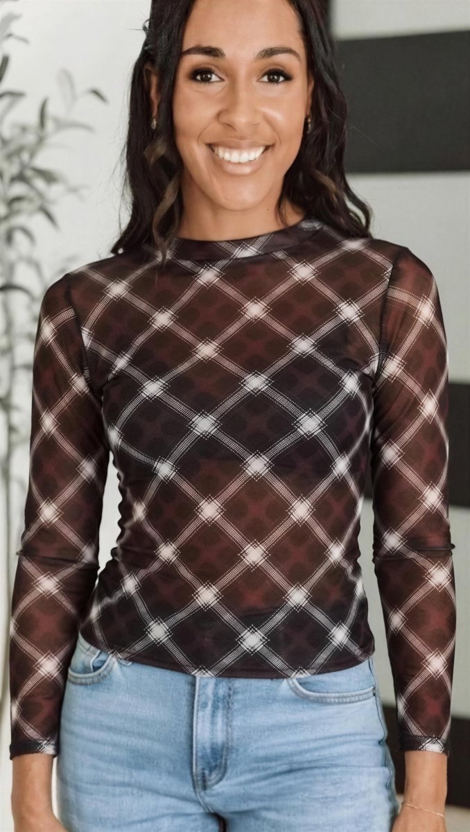 Plaid Mock Neck Mesh Knit Long Sleeve Top