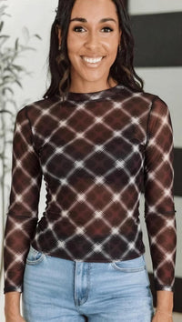 Plaid Mock Neck Mesh Knit Long Sleeve Top