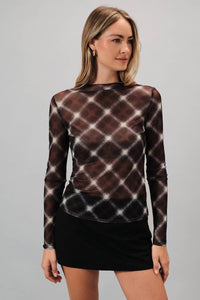 Plaid Mock Neck Mesh Knit Long Sleeve Top