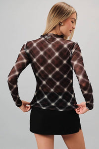 Plaid Mock Neck Mesh Knit Long Sleeve Top