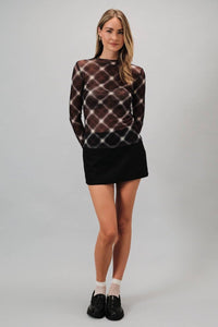 Plaid Mock Neck Mesh Knit Long Sleeve Top
