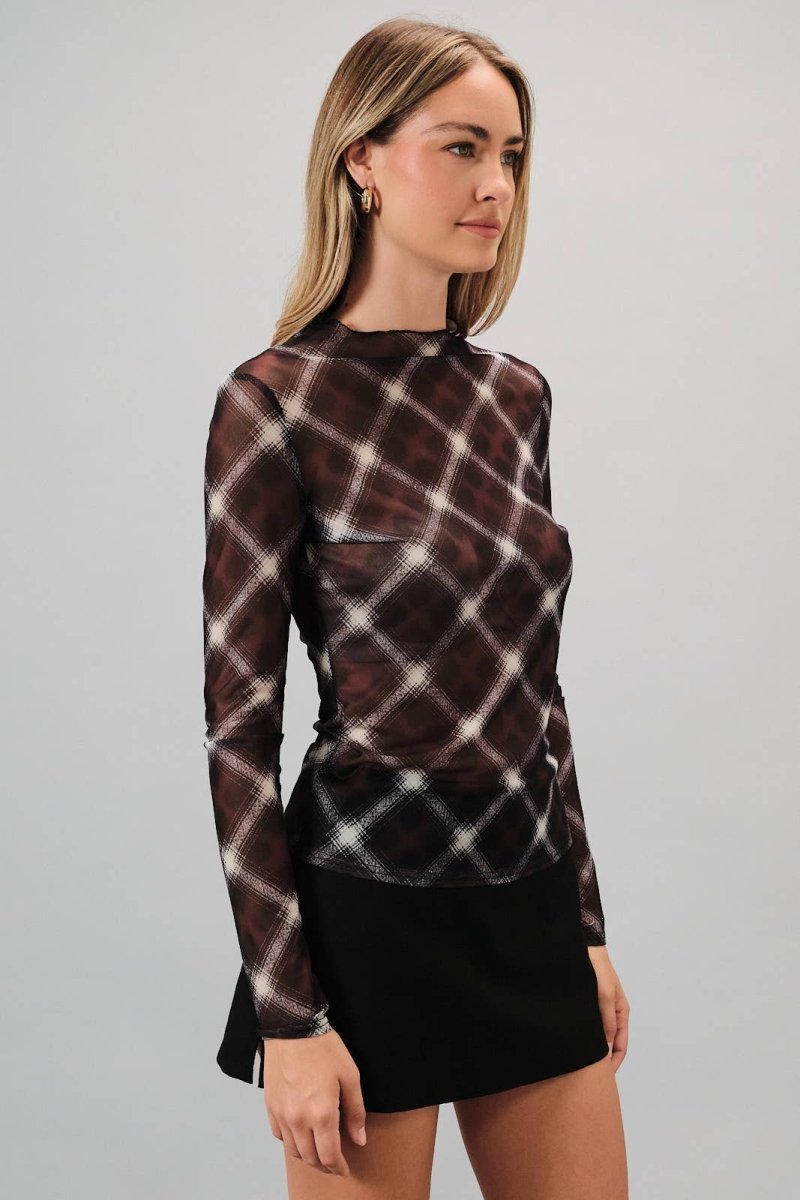 Plaid Mock Neck Mesh Knit Long Sleeve Top