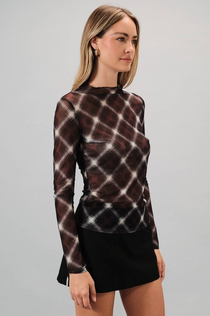 Plaid Mock Neck Mesh Knit Long Sleeve Top