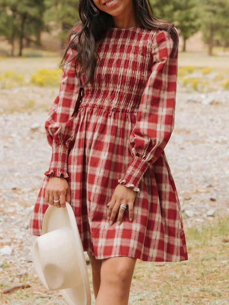 Plaid Print Smocked Puff Sleeve Mini Dress
