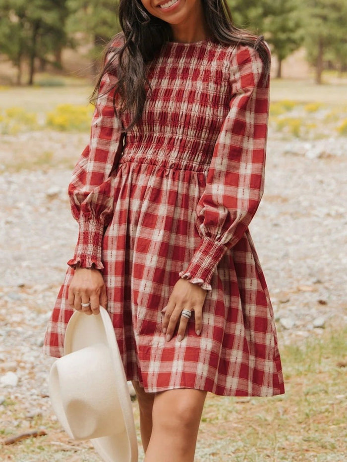 Plaid Print Smocked Puff Sleeve Mini Dress