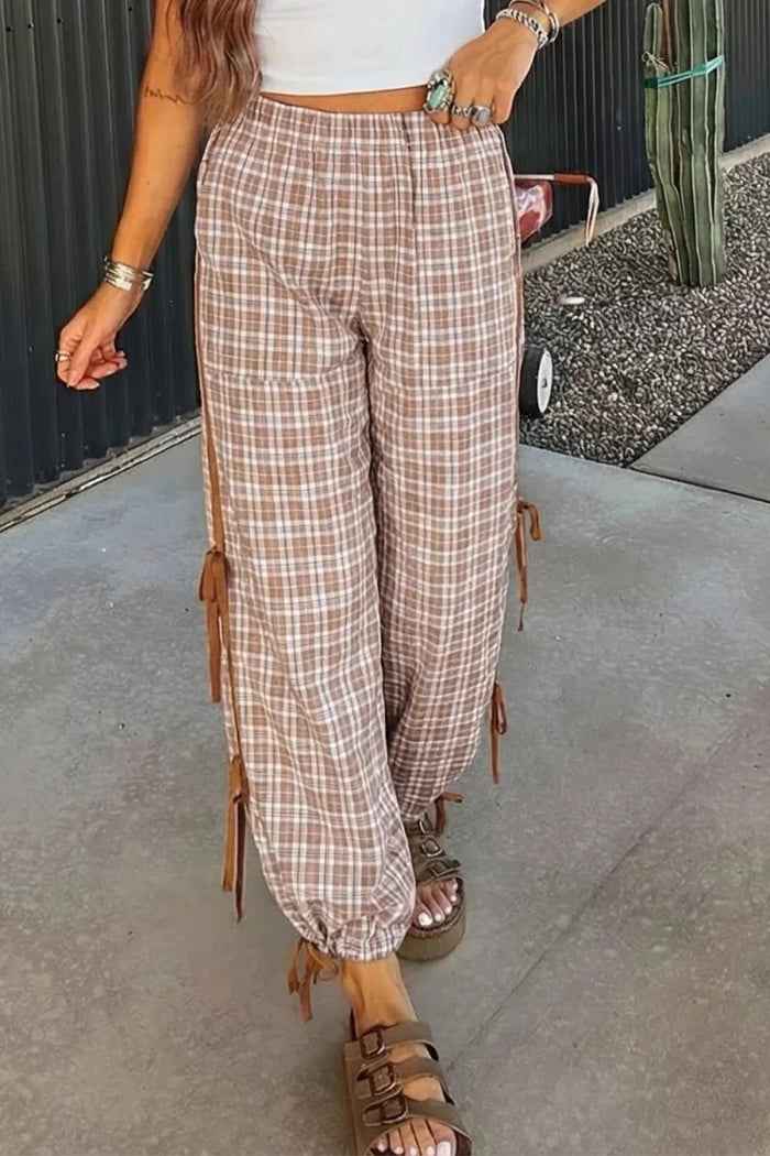Plaid Print Tie Detail Casual Pants