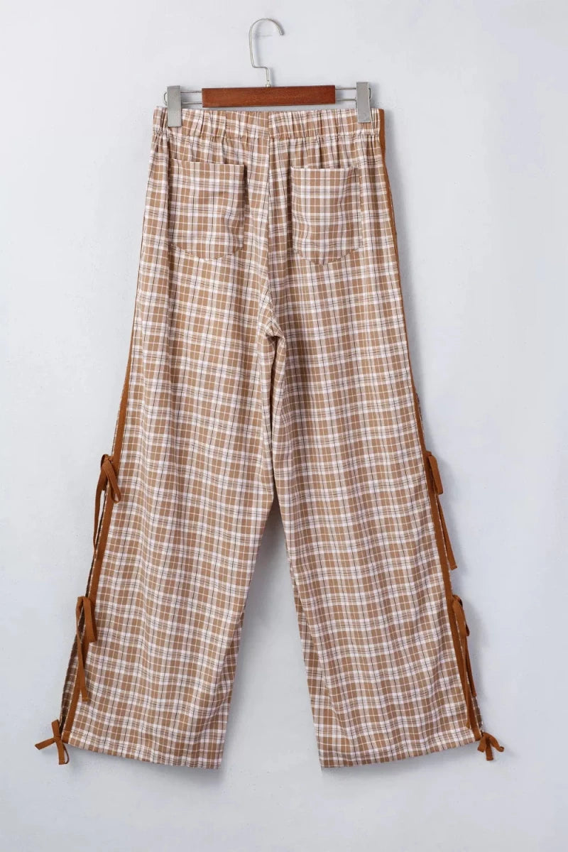 Plaid Print Tie Detail Casual Pants