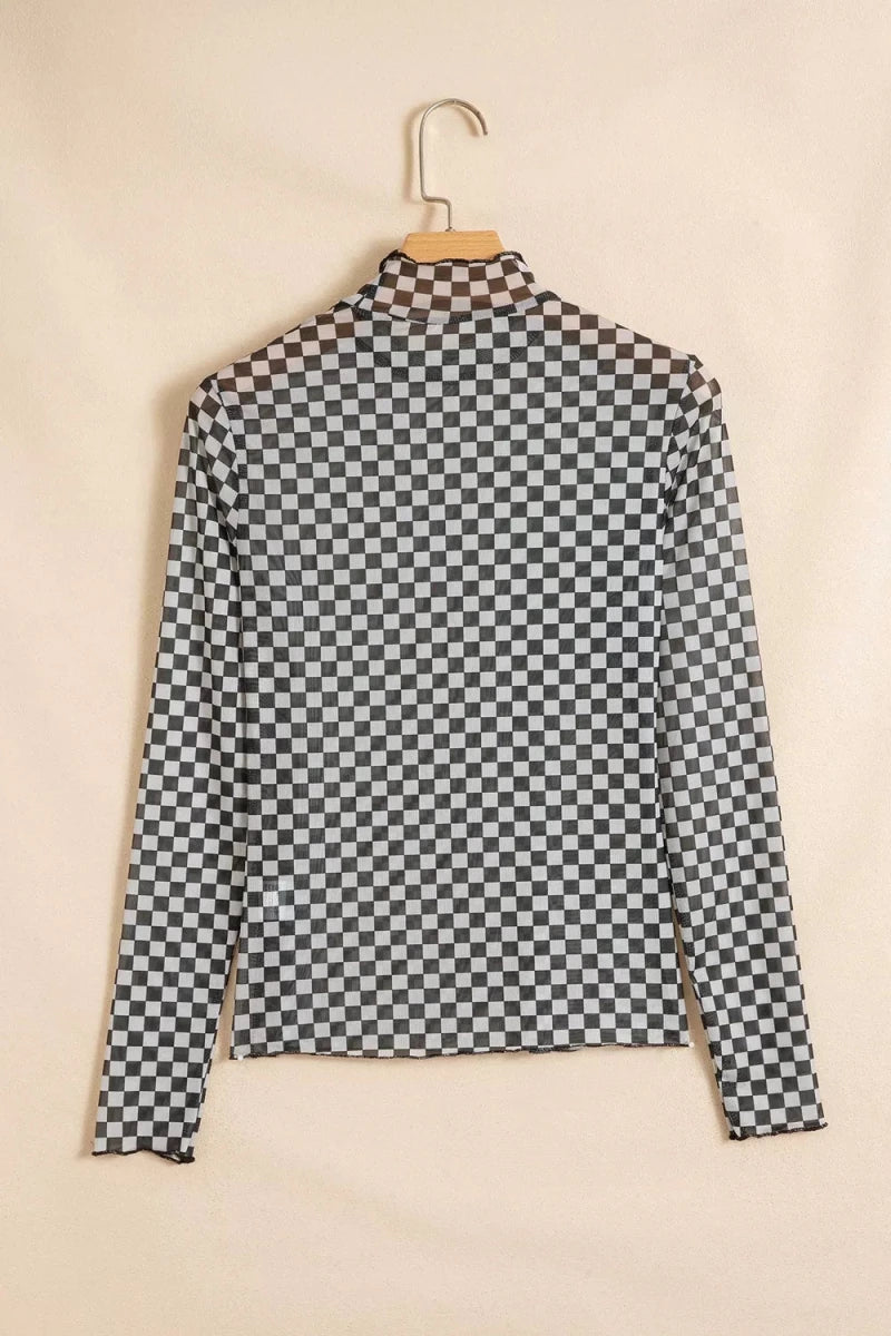 Plaid Stand Neck Long Sleeve Mesh Top