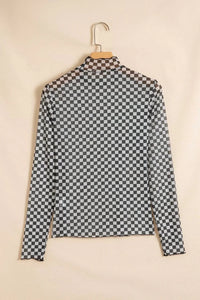 Plaid Stand Neck Long Sleeve Mesh Top