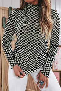 Plaid Stand Neck Long Sleeve Mesh Top