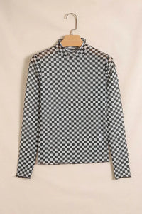 Plaid Stand Neck Long Sleeve Mesh Top
