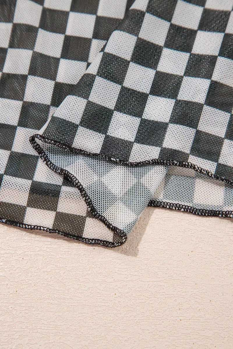 Plaid Stand Neck Long Sleeve Mesh Top