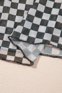 Plaid Stand Neck Long Sleeve Mesh Top