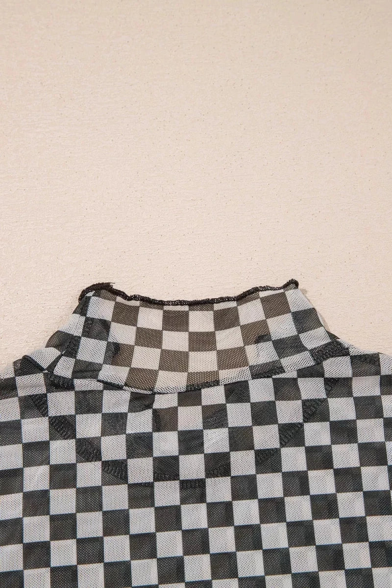 Plaid Stand Neck Long Sleeve Mesh Top