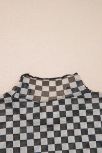 Plaid Stand Neck Long Sleeve Mesh Top
