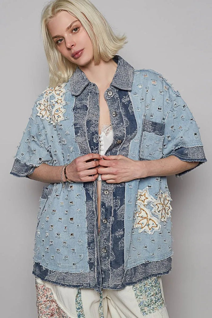 POL Distressed Button Up Half Sleeve Denim Shirt - Minnie's Treasure Boutique