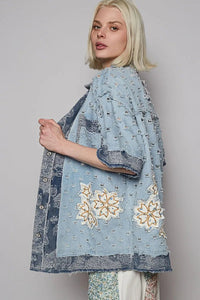 POL Distressed Button Up Half Sleeve Denim Shirt - Minnie's Treasure Boutique