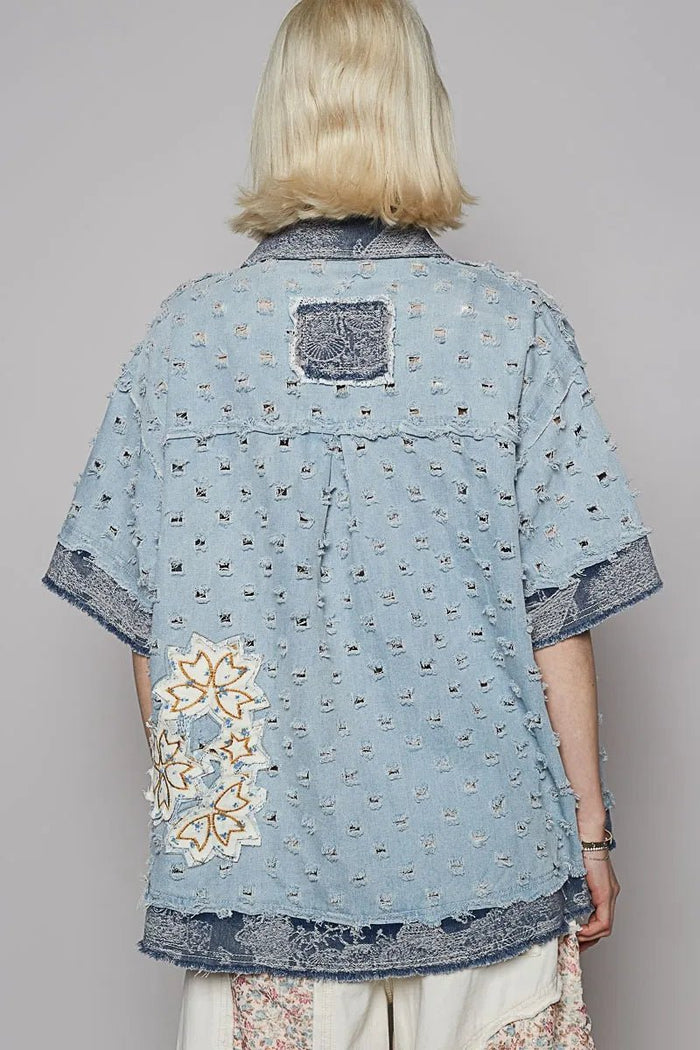 POL Distressed Button Up Half Sleeve Denim Shirt - Minnie's Treasure Boutique