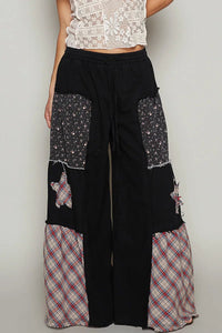 POL Drawstring Star Patch Contrast Wide Leg Pants