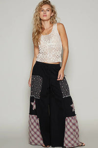 POL Drawstring Star Patch Contrast Wide Leg Pants