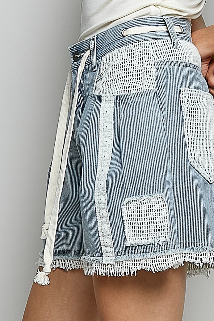 POL Raw Hem Drawstring Striped Denim Shorts