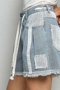 POL Raw Hem Drawstring Striped Denim Shorts