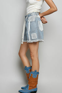 POL Raw Hem Drawstring Striped Denim Shorts