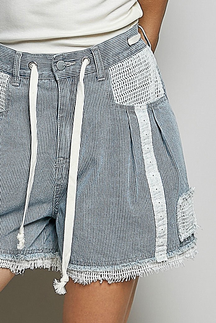 POL Raw Hem Drawstring Striped Denim Shorts