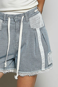 POL Raw Hem Drawstring Striped Denim Shorts