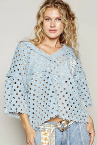 POL V - Neck Short Sleeve Top with Laser Cut Detail