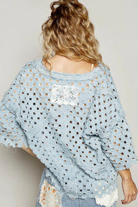 POL V - Neck Short Sleeve Top with Laser Cut Detail