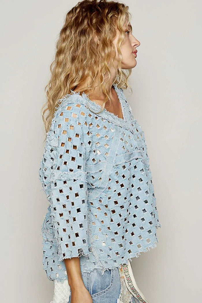 POL V - Neck Short Sleeve Top with Laser Cut Detail