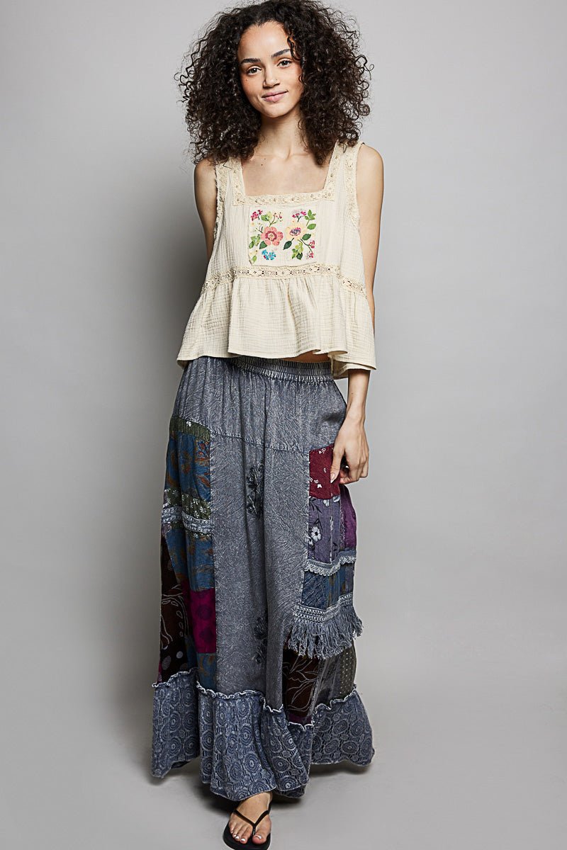 Printed Patchwork Embroidered Ruffled Skirt
