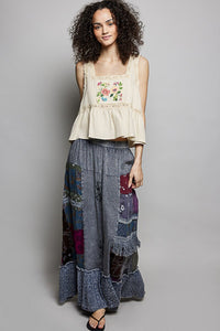 Printed Patchwork Embroidered Ruffled Skirt