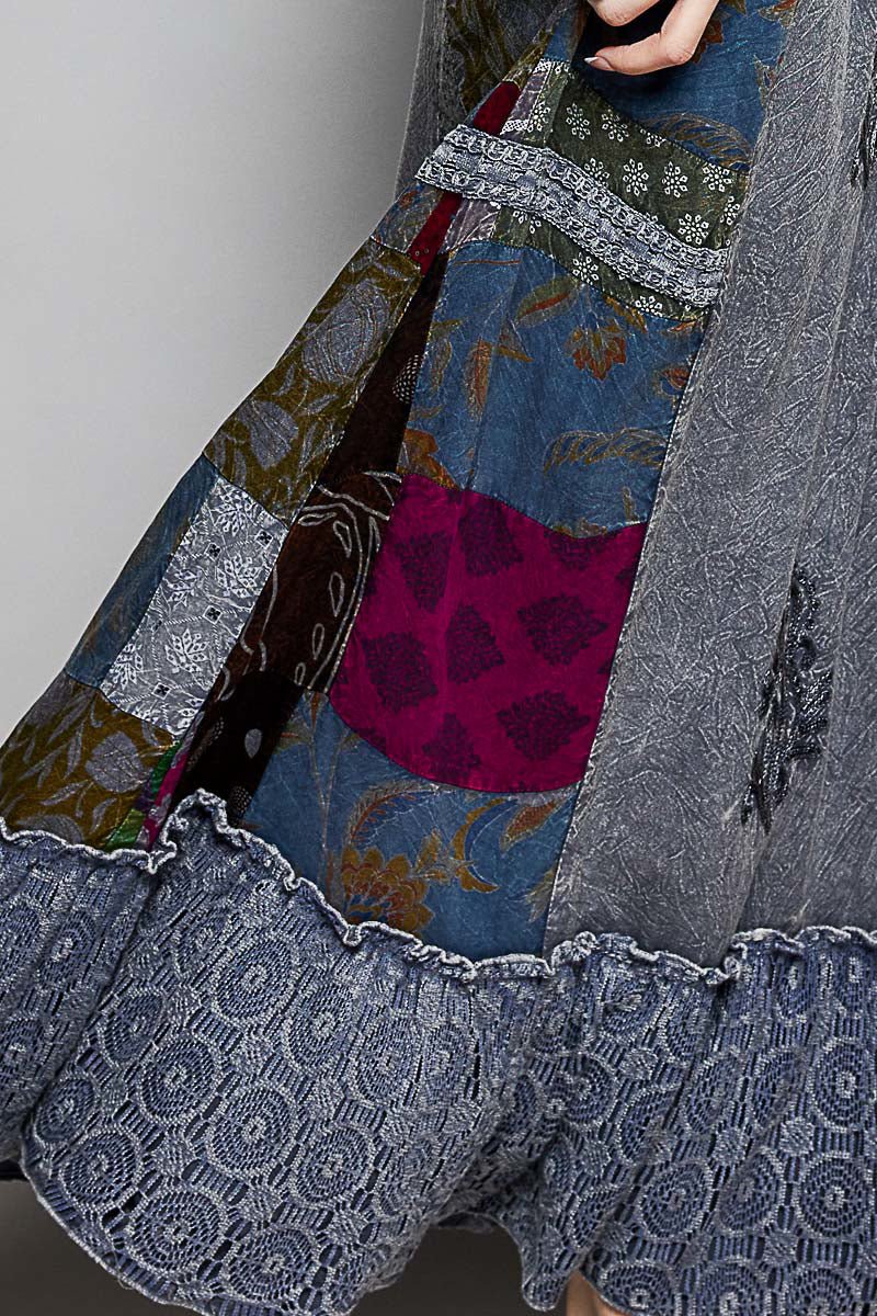 Printed Patchwork Embroidered Ruffled Skirt